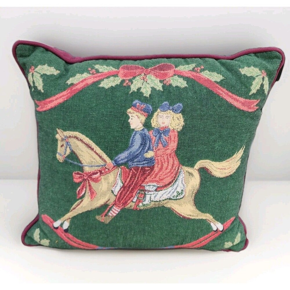 Vintage Newport Holiday Children on Rocking Horse Tapestry Throw Pillow 16x16